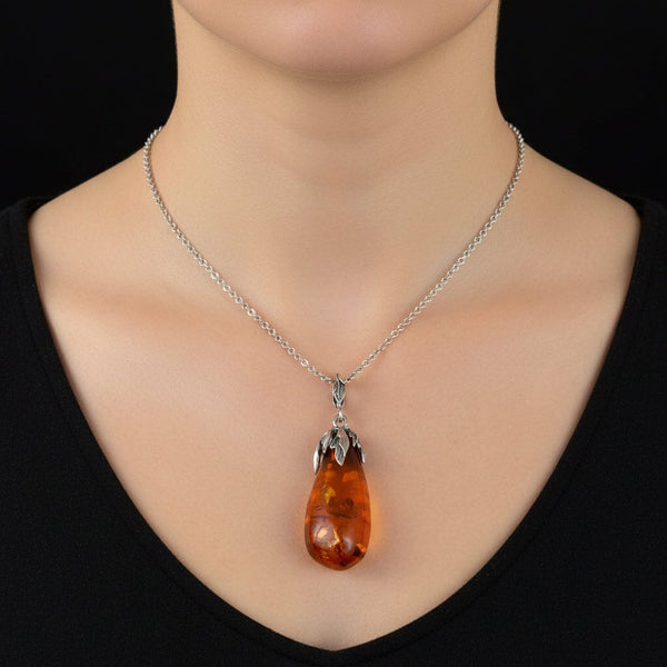 Sterling Silver Vine Leaf Natural Baltic Amber Pendant