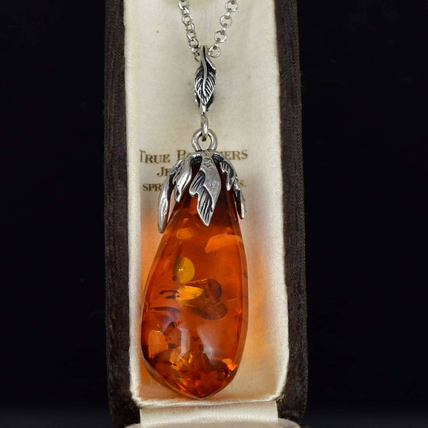 Sterling Silver Vine Leaf Natural Baltic Amber Pendant