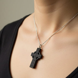 Antique Victorian Large Carved Bog Oak Celtic Cross Pendant Necklace - Boylerpf