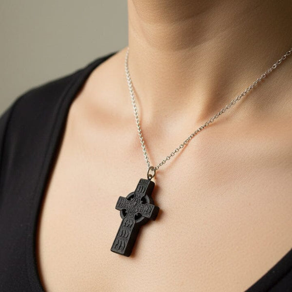 Antique Victorian Large Carved Bog Oak Celtic Cross Pendant Necklace - Boylerpf