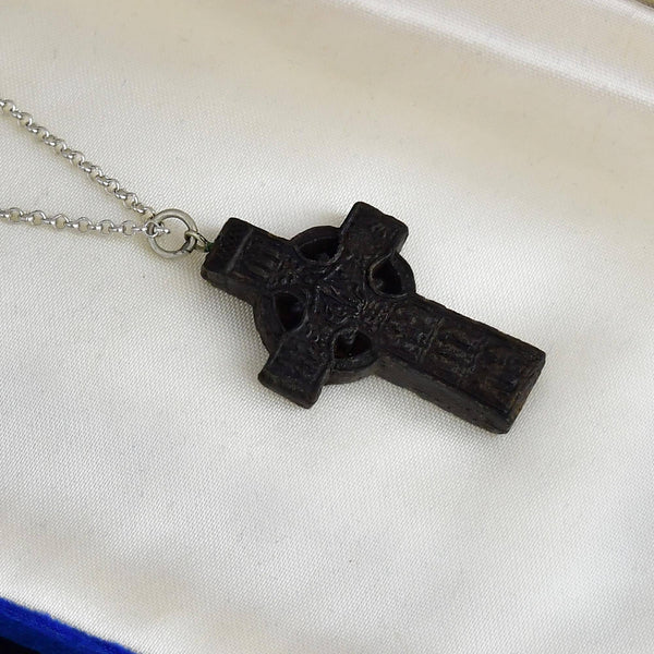 Antique Victorian Large Carved Bog Oak Celtic Cross Pendant Necklace - Boylerpf