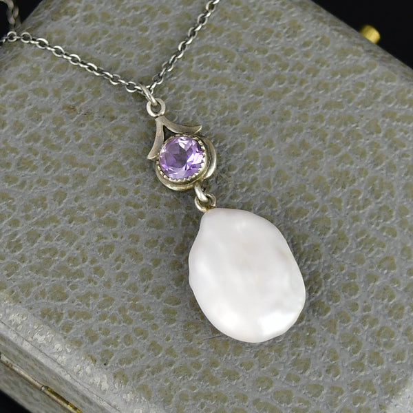 Antique Sterling Silver Amethyst Baroque Pearl Necklace