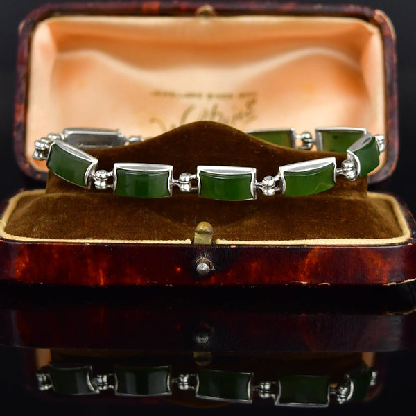 Vintage Sterling Silver Green Agate Hinged Link Bracelet