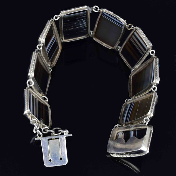 Antique Sterling Silver Scottish Banded Agate Link Bracelet - Boylerpf