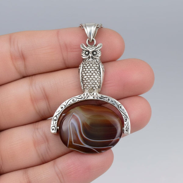 Vintage Banded Agate Sterling Silver Owl Spinner Necklace