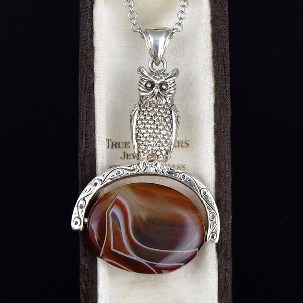 Vintage Banded Agate Sterling Silver Owl Spinner Necklace