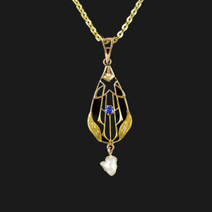 10K Gold Art Nouveau Pearl Sapphire Lavaliere Necklace - Boylerpf