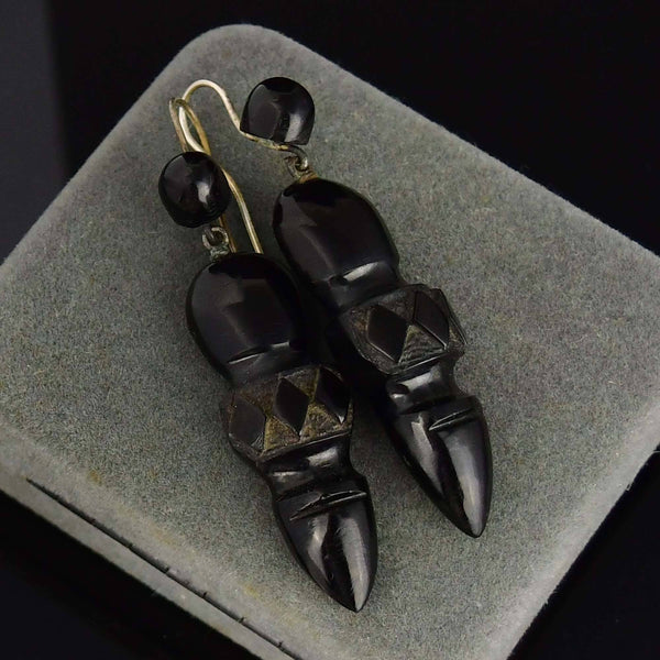Antique Victorian Carved Whitby Jet Chandelier Earrings - Boylerpf
