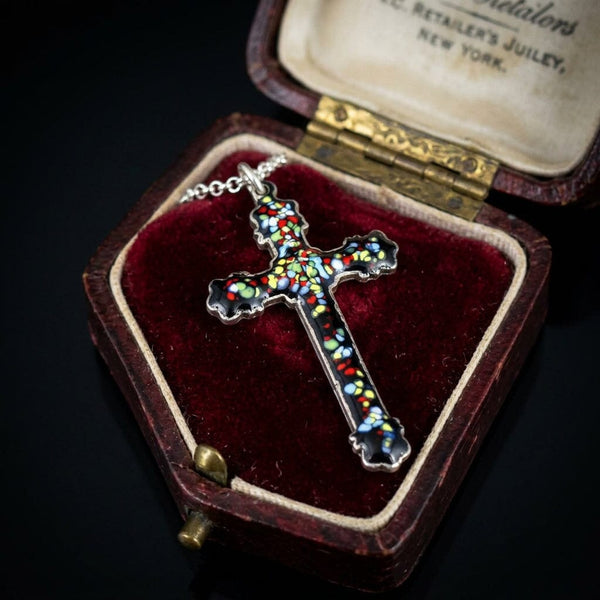 Vintage Enamel Sterling Silver Engraved Cross Necklace - Boylerpf