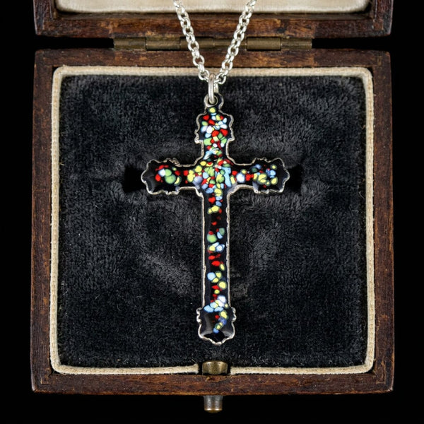 Vintage Enamel Sterling Silver Engraved Cross Necklace - Boylerpf