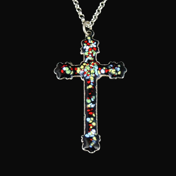 Vintage Enamel Sterling Silver Engraved Cross Necklace - Boylerpf