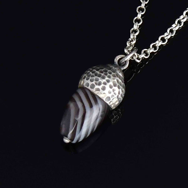 Arts and Crafts Silver Banded Agate Acorn Pendant Necklace - Boylerpf
