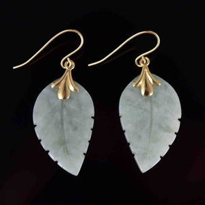 14K Gold Moss in Snow Jade Carved Leaf Drop Earrings - Boylerpf