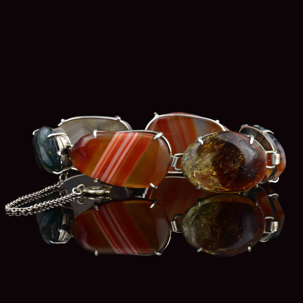 Antique Sterling Silver Banded Agate Moss Agate Bracelet - Boylerpf