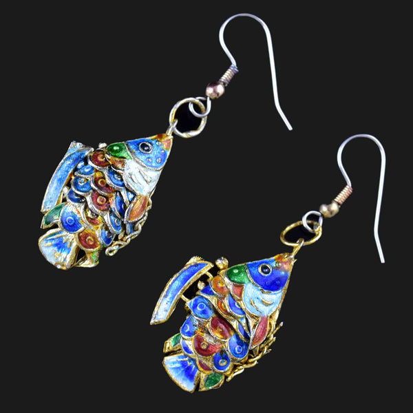 Vintage Gold Vermeil Blue Enamel Articulated Koi Fish Earrings - Boylerpf