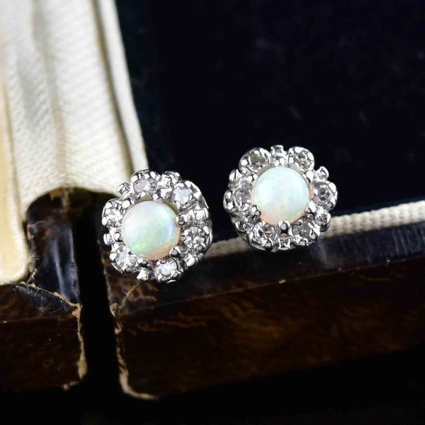 Vintage 14K White Gold Diamond Halo Opal Stud Earrings - Boylerpf