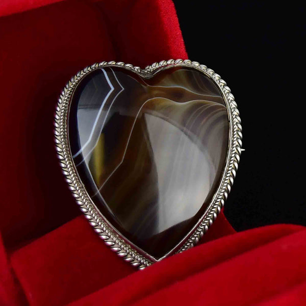 Antique Victorian Silver Scottish Banded Agate Heart Brooch - Boylerpf