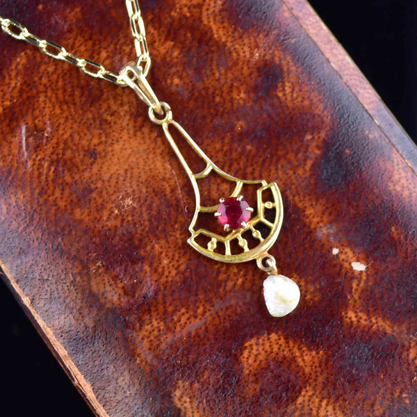 Antique 10K Gold Garnet Seed Pearl Lavalier Pendant Necklace - Boylerpf