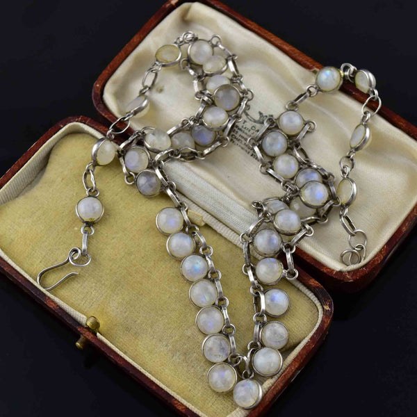 Vintage Art Deco Style Silver Moonstone Fringe Bib Necklace - Boylerpf