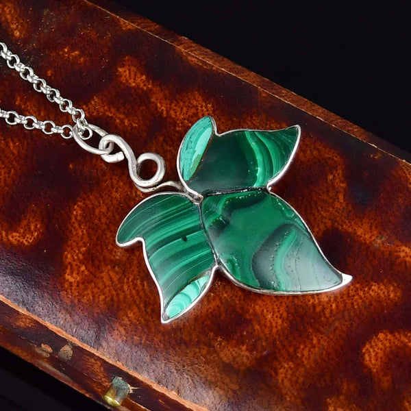Antique Victorian Malachite Silver Ivy Leaf Pendant Necklace - Boylerpf
