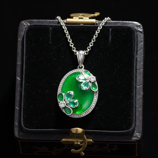 Vintage Green Enamel Emerald Floral Sterling Silver Necklace
