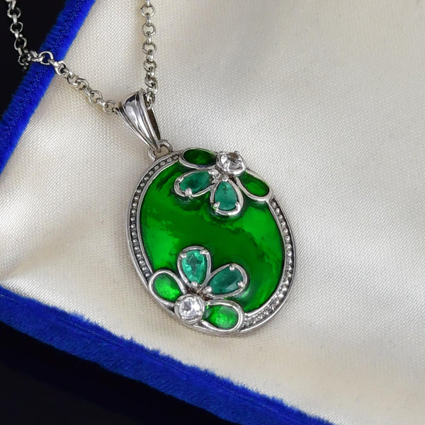 Vintage Green Enamel Emerald Floral Sterling Silver Necklace