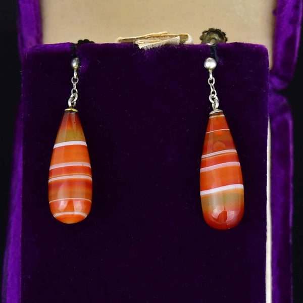Antique Carnelian Banded Agate Silver Drop Earrings