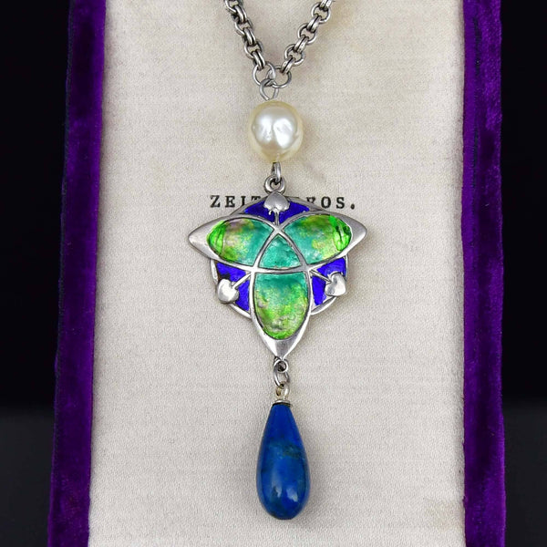 Art Nouveau Silver Enamel Pearl Lapis Lazuli Necklace
