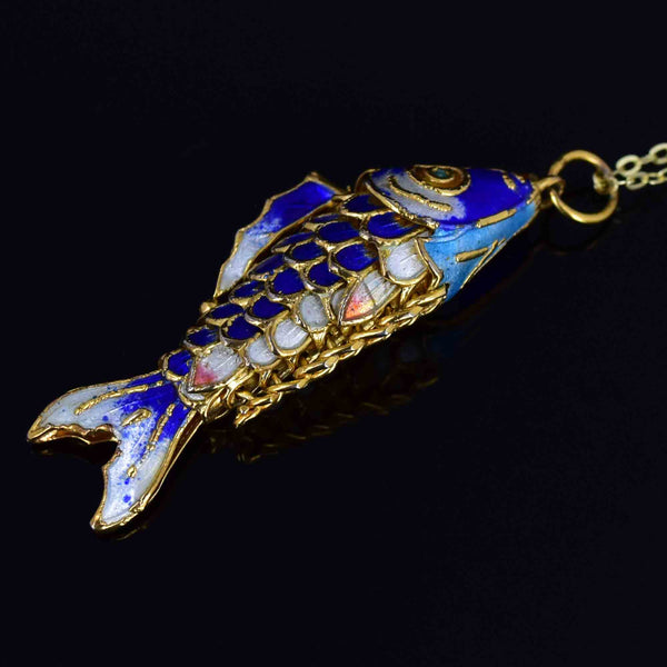 Vintage Gold Vermeil Blue Enamel Koi Articulated Fish Necklace - Boylerpf