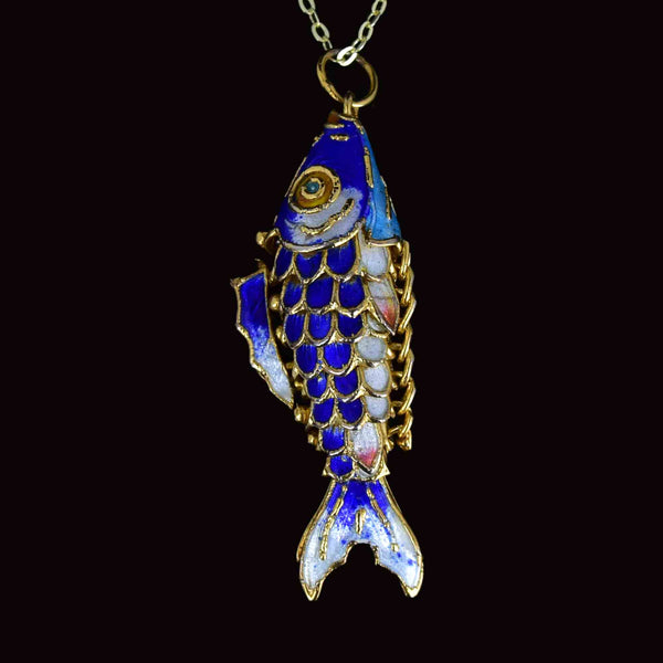 Vintage Gold Vermeil Blue Enamel Koi Articulated Fish Necklace - Boylerpf