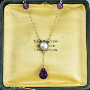 Antique Silver Amethyst Pearl Drop Pendant Necklace - Boylerpf