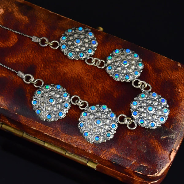 Sterling Silver Five Link Floral Opal Cluster Necklace - Boylerpf