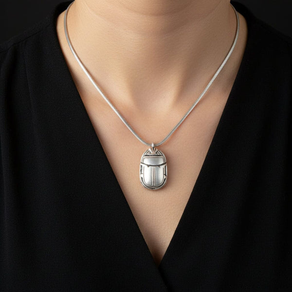 Antique Heavy Sterling Silver Scarab Pendant Necklace - Boylerpf