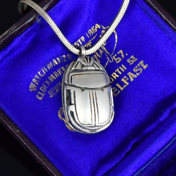 Antique Heavy Sterling Silver Scarab Pendant Necklace - Boylerpf