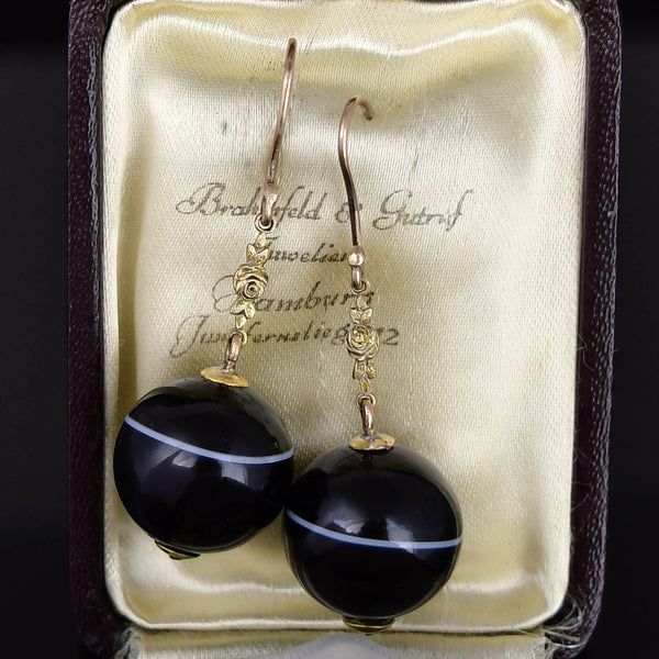 Antique Gold Rose Banded Agate Ball Drop Earrings