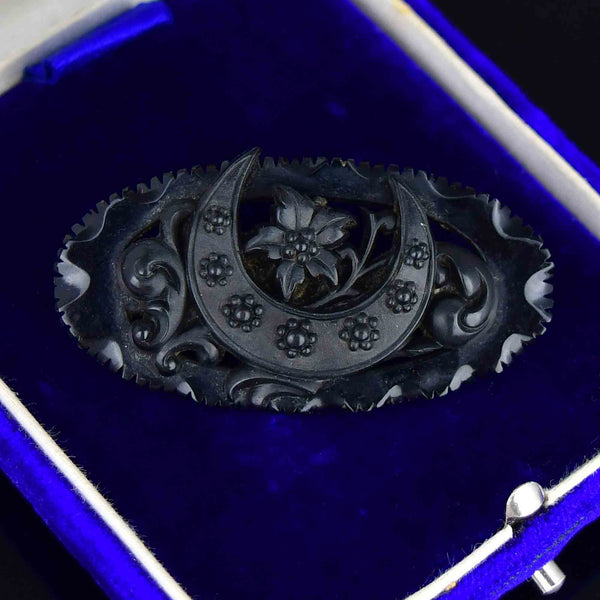 Victorian Carved Whitby Jet Crescent Moon Floral Brooch - Boylerpf