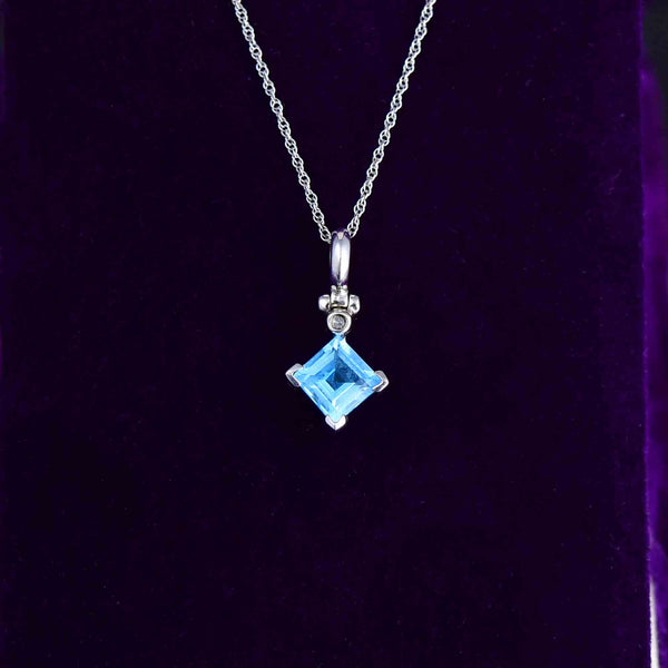 Vintage 10K White Gold Diamond Blue Topaz Pendant Necklace - Boylerpf