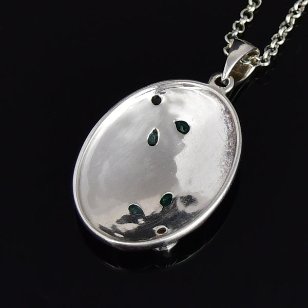 Vintage Green Enamel Emerald Floral Sterling Silver Necklace