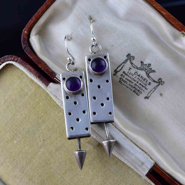 Vintage Geometric Silver Amethyst Cabochon Drop Earrings - Boylerpf