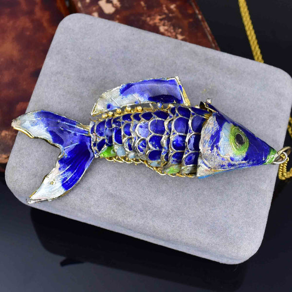 Vintage Large Articulated Blue Enamel Koi Fish Pendant Necklace - Boylerpf