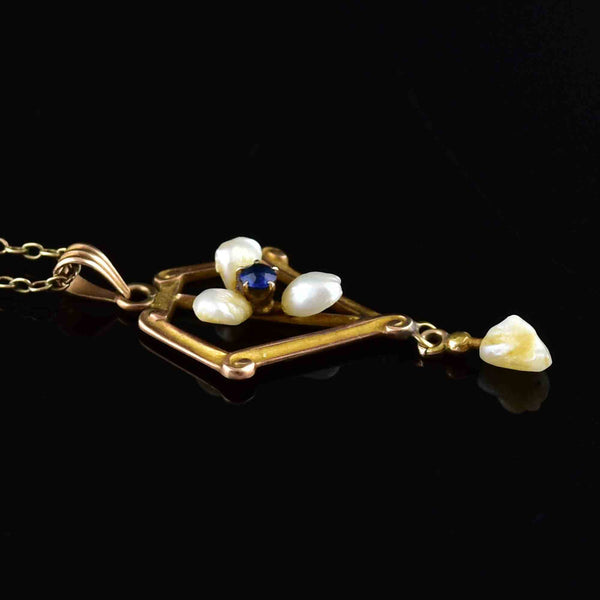 Edwardian 10K Gold Pearl Sapphire Lavalier Pendant Necklace - Boylerpf