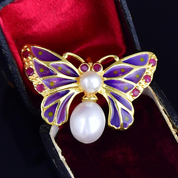Plique a Jour Enamel Pearl Ruby Butterfly Brooch Pendant