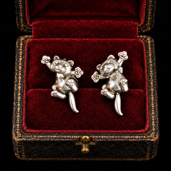 Vintage Cat Stud Jacket Earrings in Sterling Silver