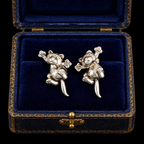 Vintage Cat Stud Jacket Earrings in Sterling Silver