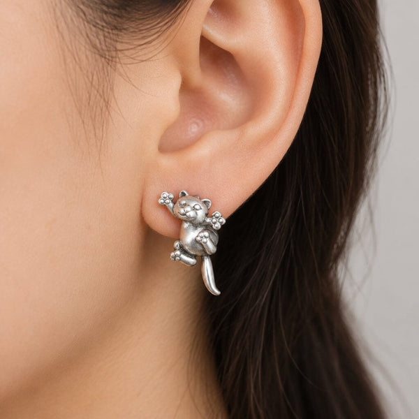Vintage Cat Stud Jacket Earrings in Sterling Silver