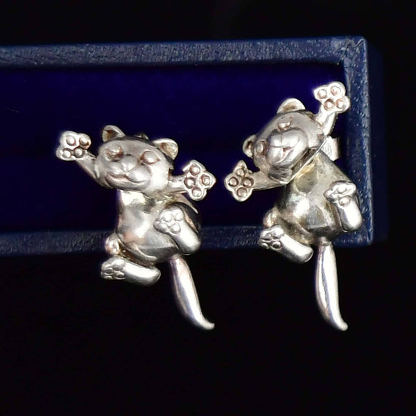 Vintage Cat Stud Jacket Earrings in Sterling Silver