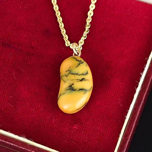 Vintage 9K Gold Dendritic Honey Opal Lucky Bean Necklace