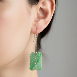 Vintage Silver Chain Drop Jade Zodiac Earrings - Boylerpf