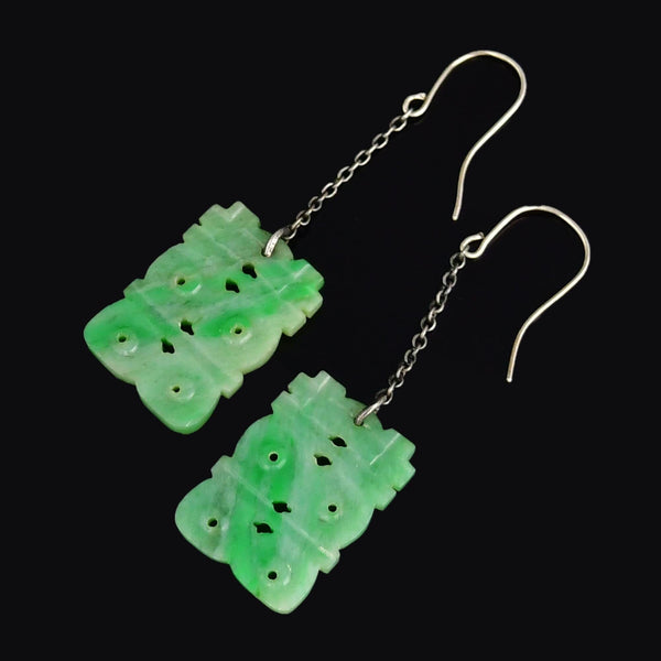 Vintage Carved Jade Zodiac Silver Chain Drop Earrings - Boylerpf