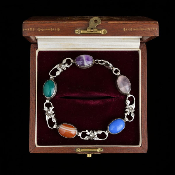 Vintage Scottish Agate Thistle Link Bracelet Arts & Crafts - Boylerpf